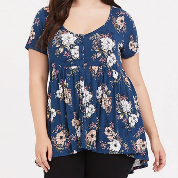 torrid Tops - Torrid 4 Teal Floral Button Babydoll Hi-Lo Top